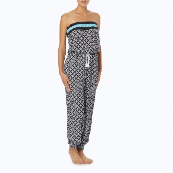 NWT $100 Michael Kors Jumpsuit Bandeau Black White Blue Rope Tie Geo Medium M - Picture 1 of 14